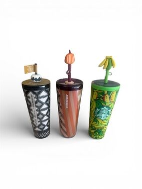 Starbucks Green, Orange & Black Patterned Cold Cup Trio all NEW